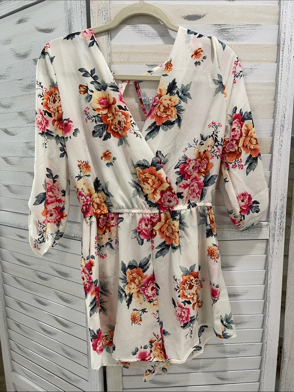 Floral Wrap Waist Women's Dress - White with Pink & Orange Bloom